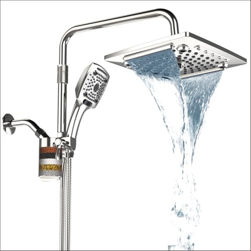 Image of ELLO&ALLO Filtered Rain Shower Head with Handheld Spray, Rainfall Shower Head Combo with 59 inch Hose, Dual Showerhead Set with Adjustable Shower Extension Arm, Chrome