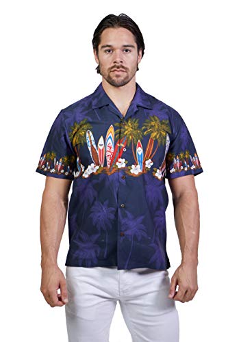Favant Tropical Luau Beach Surfboard Print Men’s Hawaiian Aloha Shirt … (X-Large, Navy)