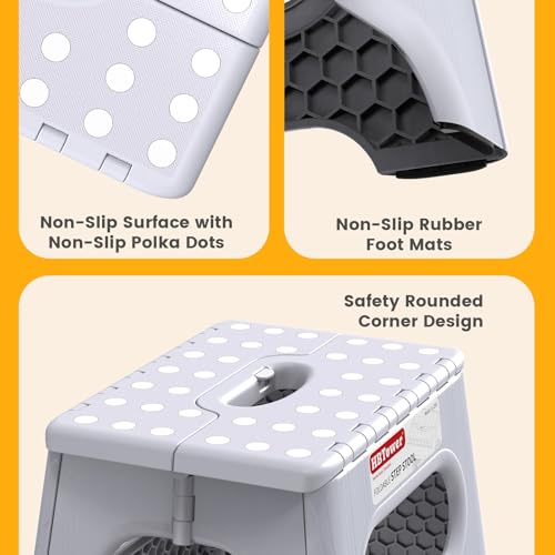 Image of HBTower Folding Step Stool 9 Inch - Holds 600 lb, Non-Slip Surface & Carry Handle - Sturdy Step Stool for Kids, Toddlers & Adults - Compact Foldable Foot Stool for Kitchen, Bathroom, Bedroom(White)