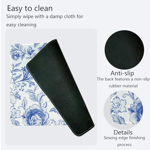 Image of Blue Floral Desk Mat,Blue Chinoiserie Mouse Pad,Blue and White Floral Desk mat,Flower Office Desk Decor, Girly Desk Mat for Dorm Home Office Desktop Decor,10.2x8.2 Inch