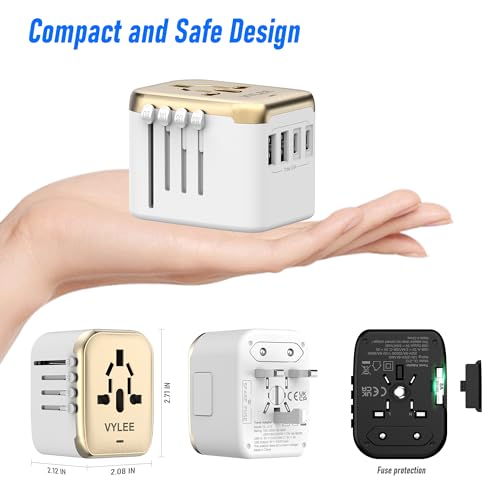 Image of VYLEE Universal International Power Travel Plug Adapter, 5 in 1 European Travel Plug Adapter W / 3.5A 2xUSB-A and 2xUSB C Wall Charger and Worldwide AC Outlet for Europe USA UK AUS Asia (White Gold)