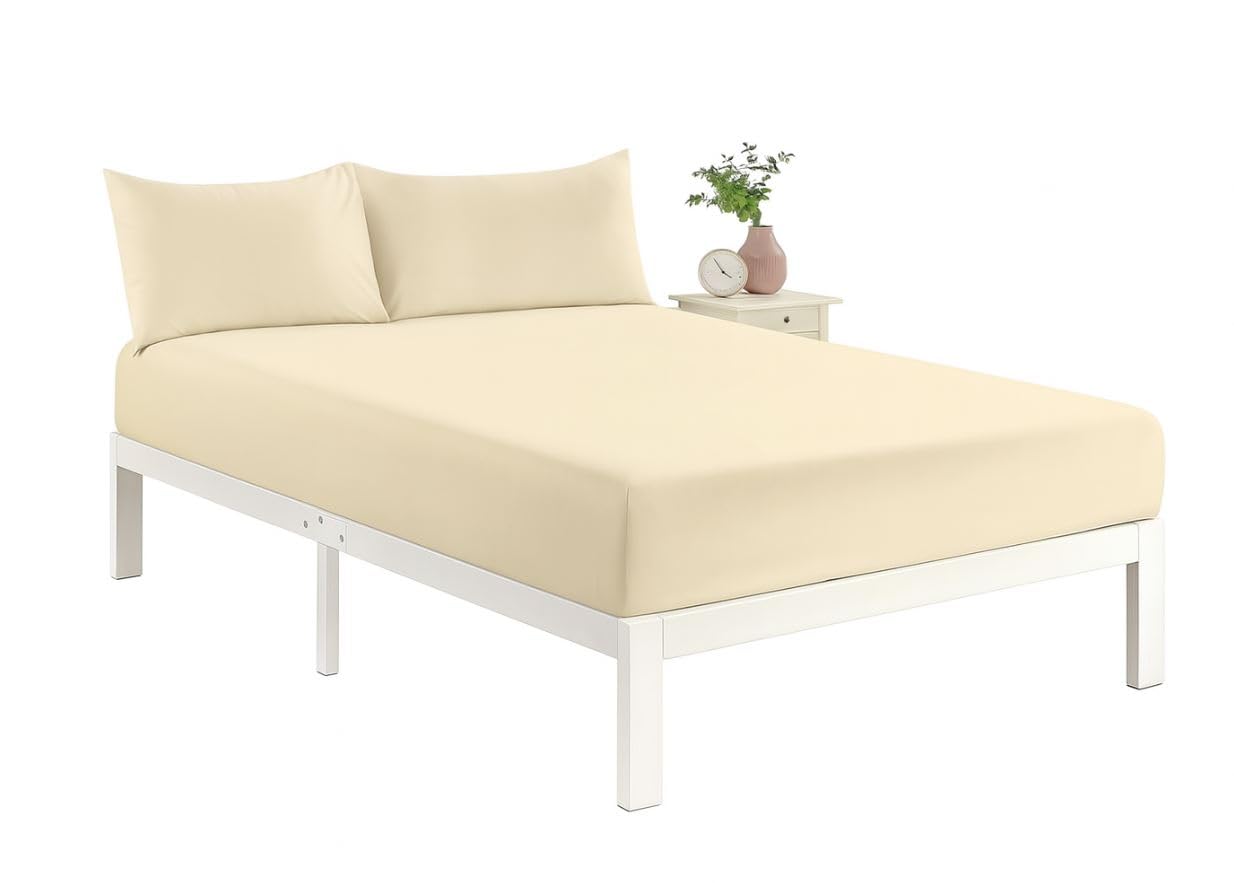 Shumaxx 3-Piece Set for Double Bed – Microfibre Double Bed Fitted Sheet with 2 Matching Pillowcases – Ultra-Soft, Wrinkle-Resistant Fabric (Cream)