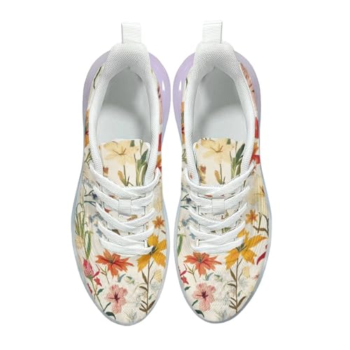 Fuxowvby Simple Flower Shoes for Women Casual Comfortable Lace-Up Air Cushion Lightweight Workout Running Sneaker for Ladies Anti-Skid Breathable Footwear Walking Hiking Sneakers US 6
