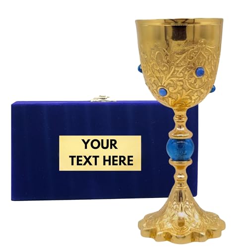 REPLICARTZ Gold Brass Chalice Goblet with Blue Stones – 7.5” Handmade Catholic Communion Cup, Medieval Wine Goblet for Mass, Religious Ceremony, or Altar Décor – 210 ml With Velvet Box