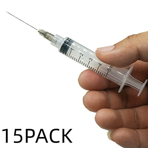 Image of 15 Pack 5ml 22Ga Plastic Syringe with Measurement for Scientific Labs, Industrial Dispensing Animal and Pet Supplies, Disposable Individually Wrapped (15, 5ml-22Ga)