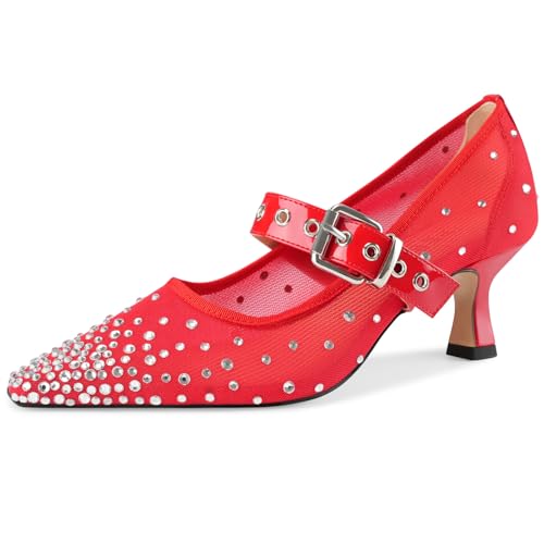 Image of Women's Mesh Closed Pointed Toe Heels Rhinestone Ankle Strap Buckle Kitten Heeled Mary Jane Pumps Dressy Prom Wedding Sandals Shoes 2 inch