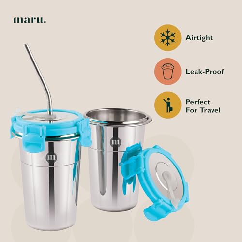 Image of MARU Stainless Steel Tumbler 400ml with Lid, Reusable Straw & Cleaning Brush - Durable, Leakproof & Portable Drinking Cup - Ideal for Travel, Office & Home (Blue Set of 1)