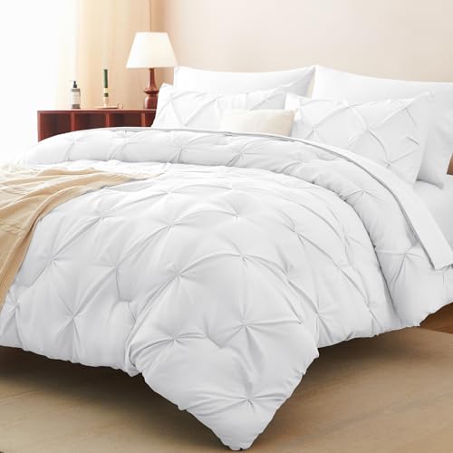 CozyLux Twin Comforter Set with Sheets White, 5 Pieces Pintuck Bed in A Bag, Twin Bed Set Gift for Family, Pinch Pleat Bedding Set with Comforter, Sheets, Pillowcase & Sham