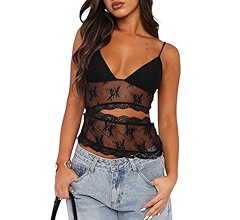 トップス FETICO Open Back Camisole Pivanzore Women's Y2K Lace Cami Tank Top Sexy Mesh See