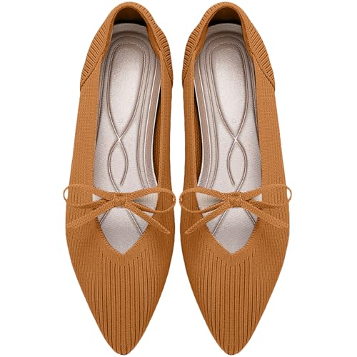 Image of TINGRISE Women's Pointed Toe Flats Comfortable Knit Ballet Shoes Washable Dressy with Bow Business Casual Work Shoes