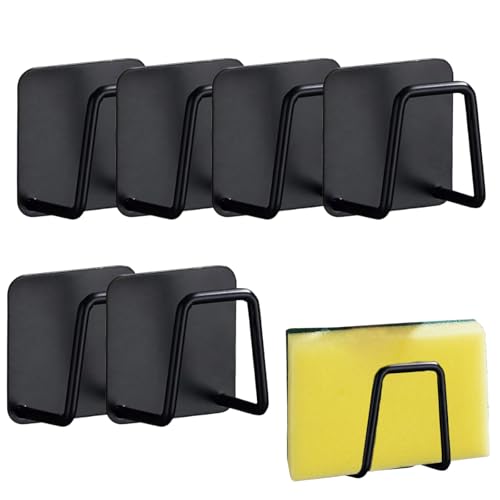 Confezione da 6 supporti per spugna adesiva in acciaio inox per lavello da cucina, scaffale da parete per organizzazione cucina e bagno (nero)