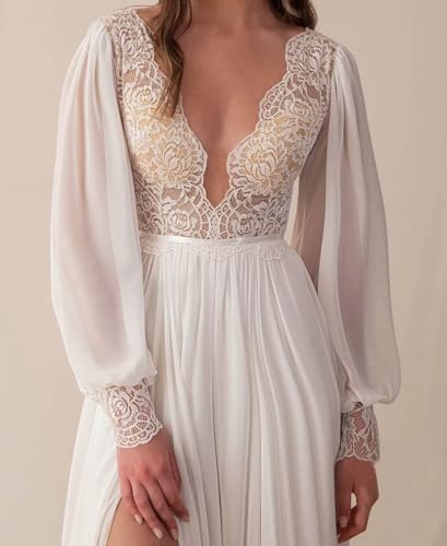 Women's Lace Wedding Dresses for Bride Long Sleeve Boho Bridal Wedding Gowns V Neck Bohemian Wedding Gown3
