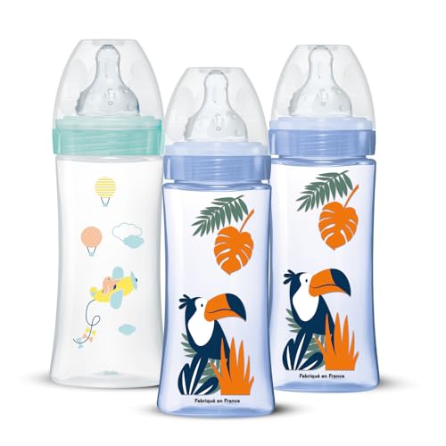 DODIE Lot de 3 Biberons Anti-Coliques Tétines Rondes 330ml +6 mois 3 vitesses Débit 3 - Bleu et vert