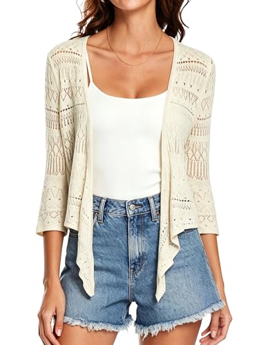 Image of Spicy Sandia Tie Front Sheer Shrug 3 /4 Sleeve Cropped Crochet Cardigan for Summer Lightweight