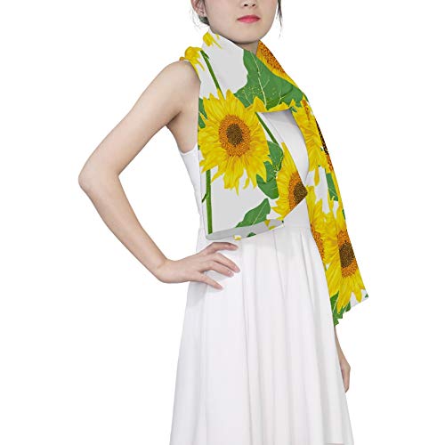 Yellow Sunflowers With Green Leaves On White Women Long Silk Scarf, Shawl Chiffon Large Stole Headscarf, Lightweight Sunscreen Satin Scarves Wraps for Wedding Party Gift3