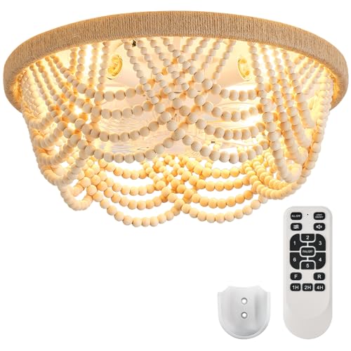 Image of Ceiling Fans with Lights and Remote - Bulbs Included, Caged Fandelier with Handcrafted Beaded Decor 19 Inches Reversible Flush Mount Installation Ceiling Fan, Wood