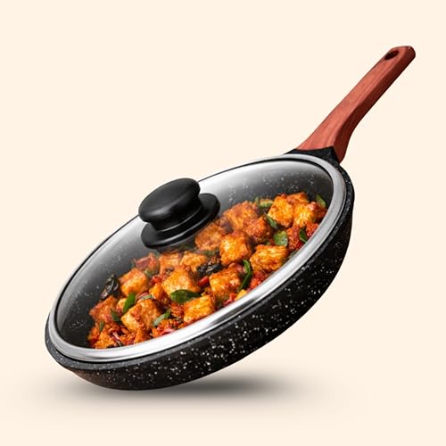 Image of kyyte CosmoTein Die Cast Non Stick Fry Pan with Glass Lid 24 cm Dia,Pasta,Saute Pan,Nonstick Fry Pan with 5 Layer Coating,Gas &Induction Stove Friendly,Dishwasher Safe,PFOA&PFOS Free, Safe&Toxic-Free.