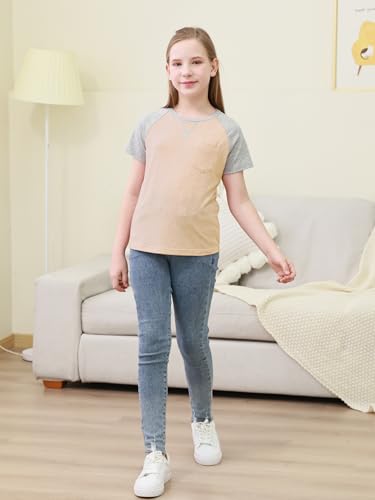 Image of GORLYA 2 Pack Girls Contrast Raglan Sleeve T-Shirt Casual Simple Basic Tee Tops with Pocket for 8-16Y