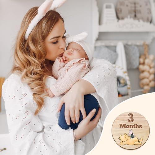 Image of 7Pcs Baby Monthly Milestone Circles, Winnie Baby Stuff, Double-Sided Printing Months Baby Milestone Wooden Keepsake, Milestone Wooden Circles Stuff for for Documenting Growth
