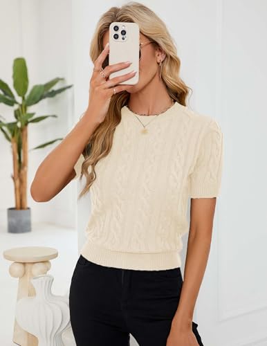 Image of Libsorge Womens Cropped Short Sleeve Sweater Fall 2025 Crewneck Sheer Knit Tops - Lightweight, Thin, Crop, Slim Fit