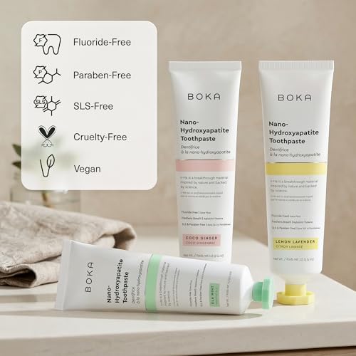 Image of Boka Fluoride Free Toothpaste, Nano Hydroxyapatite Toothpaste, Appropriate for Sensitive Teeth - for Adult Oral Care - Ela Mint, Coco Ginger, Lemon Lavender Flavor, 4 Fl Oz 3Pk