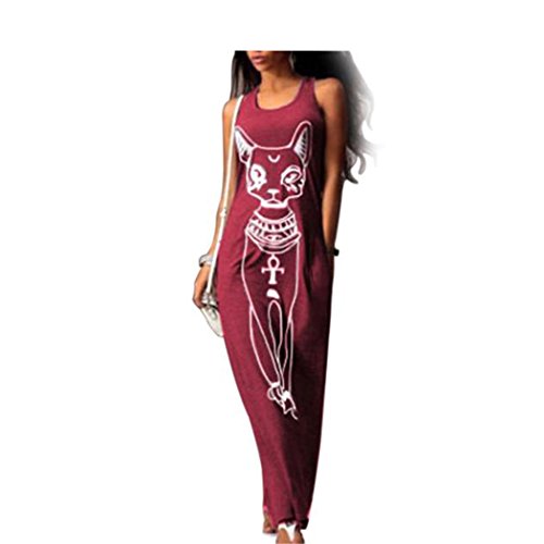 TIFENNY Women Casual Sleeveless Boho Long Cocktail Party Beach Dress (XL, Red)