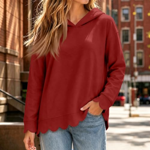 Hooded Sweatshirts for Women Cotton Scalloped Hem Oversized Pullover Tops - image 2