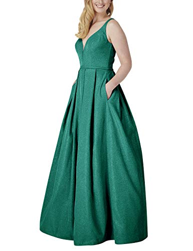 Image of VKBRIDALWomen's Glittery Spaghetti V-Neck Prom Dresses Long Side Split Formal Evening Gowns 14 Style2-green