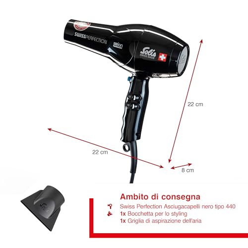 Solis Swiss Perfection 440 - Asciugacapelli Professionali - Phone Per Capelli - Tecnologia A Loni - 3 Impostazioni Di Temperatura - Funzione Aria Fredda - Nero - 6
