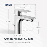 HANSA BASIC XL Waschtischarmatur I Einhebelmischer Waschbecken mit Temperatur & Mengenbegrenzer | XL-Size für mittelgroße bis große Bäder | Ablaufgarnitur mit Zugstange | Wasserhahn Badezimmer | Chrom – Ansicht 7