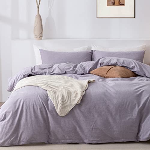 TIPTOE BEAR Queen Duvet Cover Set- 100% Washed Cotton 3 Pcs Soft Comfy Breathable Chic Linen Feel Bedding, 1 Duvet Cover and 2 Pillow Shams, Light Purple