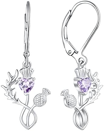 JO WISDOM Scottish Thistle Earrings,925 Sterling Silver Scotland Flower Heart Outlander Drop & Dangle Earrings with 3A CZ Birthstone,Jewelry for Women