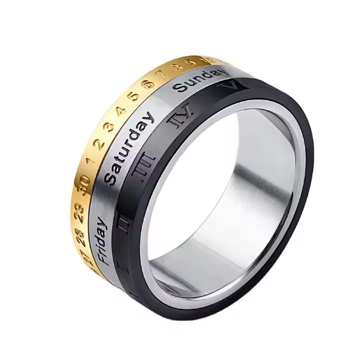 Calendar Spinner Ring, Roman Numerals Rotatable Ring, Stainless Steel Anxiety Ring, Fidget Ring, Worry Relief Ring Gold/Grey/Black Size 17-20-image-25