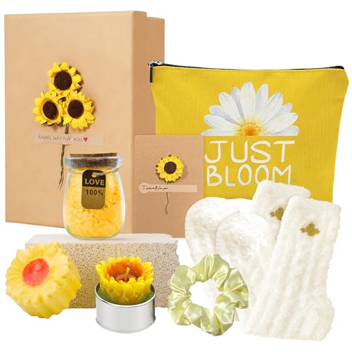 Juego de regalo de girasoles para mujer, regalo de 7 piezas con vela perfumada, bola de sal de baño y bolsa de cosméticos, relajación de bienestar para cumpleaños, buena recuperación, ideas de regalo