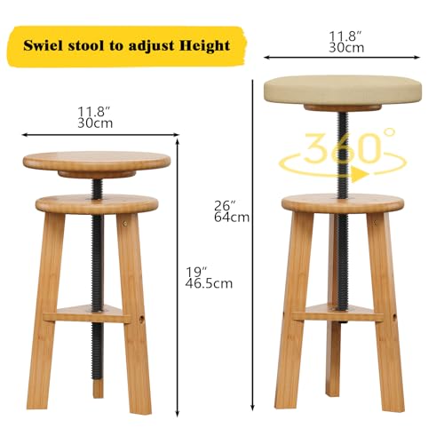 Image of Trironsun Adjustable Height Bamboo Drafting Stool with Canvas Padded Seat 19 inch-26 inch Swivel Drafting Chair for Drawing, Painting, Office, Kitchen, or Home Studio Natural Finish