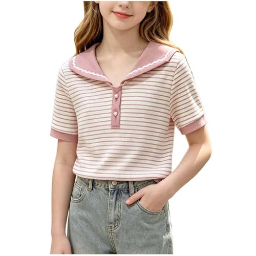 Girls Striped Lapel Summer Tops Cute School Uniform Tee Shirts Pink