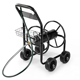 VINGLI 300FT 5/8in Garden Hose Reel Cart, 4-Wheel Portable Residential Hose Reel Cart, Hose Guide System with Storage Basket, Rust Resistant, for Family Yard, Garden and Farm (Black)