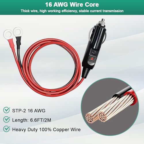 Image of STHIRA 6.6ft Car Cigarette Lighter Plug to Ring Terminal Cable, 12V /24V DC Power Adapter Cord with Red & Black Ring Terminals for Inverter, Air Compressor, Battery & Automotive Devices