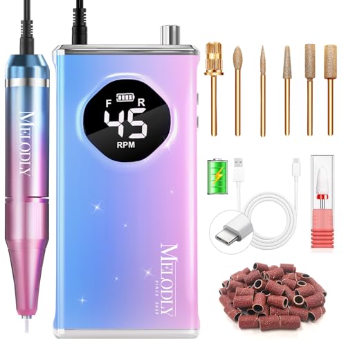 Image of Electric Nail Drill File Professional 45000 RPM, Melodly Rechargeable Electric Nail File Machine Kit for Acrylic Gel Nails Polishing Removing, Portable Cordless Efile with Gold Bits Kit at Salon Home