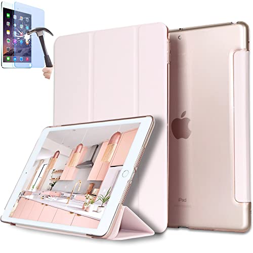 GWAAN【強化ガラスフィルム付き(ブルーライトカット)】iPad 9.7インチ 第6世代 第5世代(2018年/2017年) iPad Air iPad Air2 兼用ケース スマートカバー 三つ折り保護カバー クリアバックケース 自立スタンド・オートスリープ機能 軽量・薄型・ハードタイプ