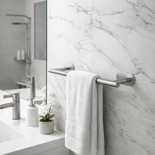 Image of JIALTO 16 Inch Self-Adhesive Bathroom Towel Holder | Wall Mounted Towel Hanger For bathroom clothes hanger | No-Drill Hand Towel Rack for Bathroom Towel Stand & Kitchen Towel Bar (Silver, Pack Of - 2)