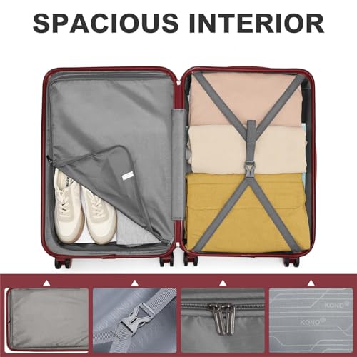 Kono 4 Piece Luggage Sets Lightweight with Spinner Wheels TSA Lock Hardside Travel Rolling Suitcases 20in 24in 28in Carry on and 12in Mini Cosmetic Case Burgundy - Image 6