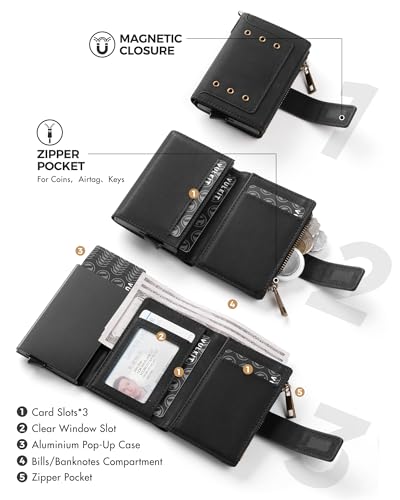 VULKIT Mens Wallet RFID Protected with Chain, POP UP Credit Card Ejector Case, ID Window, Zipper Pocket for Coins and Compartment for Bills/Banknotes, Matt Black3