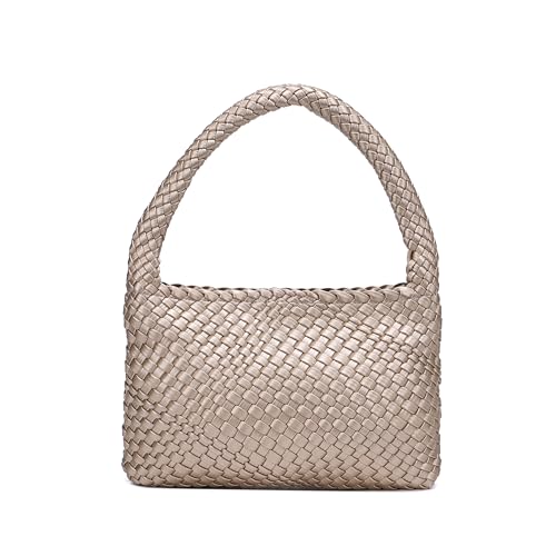 Woven Bag for Women,Artificial Leather PU Champagne Bag Large Summer Beach Travel Handbag and Purse Retro Handmade Shoulder Bag