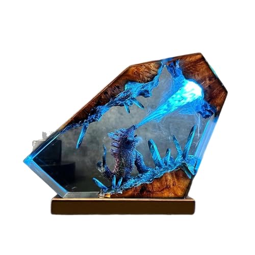 Godzilla Resin Art Lamp - LED Color-Changing Hexagonal Crystal Desk Light with Wooden Base - Unique Monster Decor