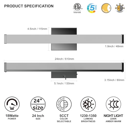 Image of 24 Inch Bathroom Vanity Light Fixtures with Night Light: Long Square Wall Mounted LED Lighting Bar Over Mirror with 5CCT & 2200K Color Changing, 120V, 1230-1350lm, ETL, Chrome, 1 Pack