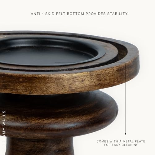 DREAMY WALLS Wooden Candle Holder Stand - Set of 2 Mango Wood Candle Stands for Home Decor with Glass, Dining Table Centerpiece, Round Pillar Candle Holder, Decorative Candle Stands for Home Decor