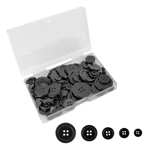 50 Pcs Eco-Friendly Resin Sewing Buttons, 5 Sizes Round 4-Hole Craft Buttons for Sewing, DIY Projects, Clothing Decoration & Holiday Crafts (Black, 50)