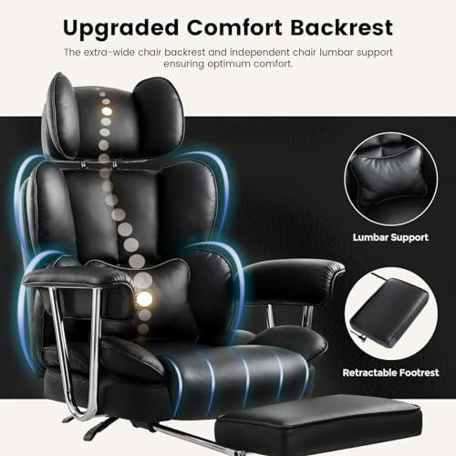 Big and Tall Office Chair with Foot Rest, PU Leather Desk Chair 400LBS,High Back Reclining Office Chair,Executive Managerial Chair with Armrests Lumbar Lifting Headrest (Black)