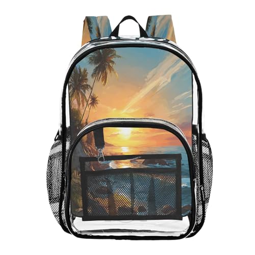 Palm Tree Beach Sea Clear Backpack Heavy Duty See Through Transparent PVC BookBag for Kids Boy Girl School Work